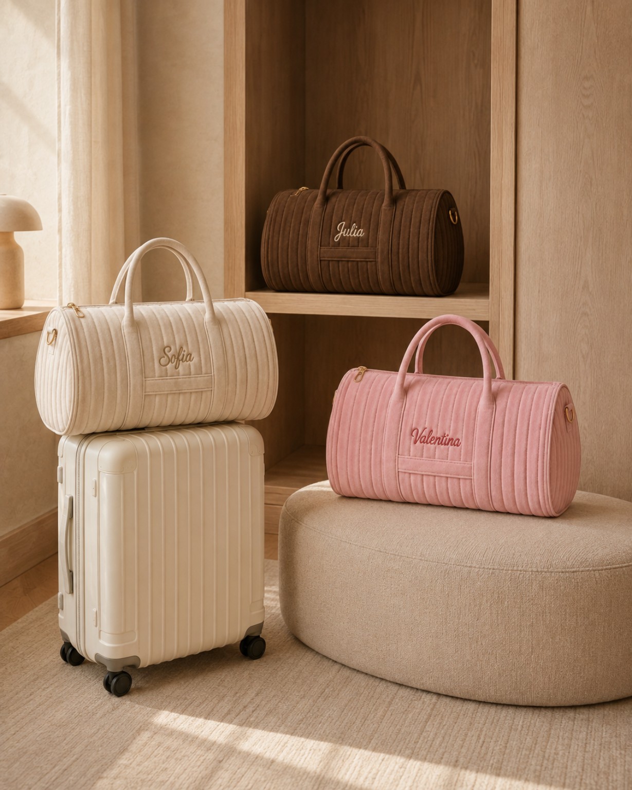 Bolsas OONA Cream, Dusty Pink e Café bordadas ao lado de uma mala de cabine