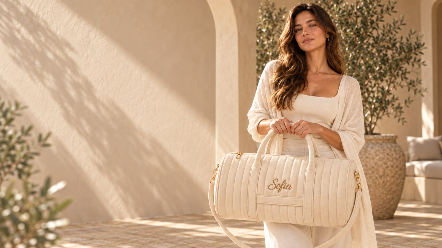 Mulher com Bolsa OONA Cream bordada Sofia